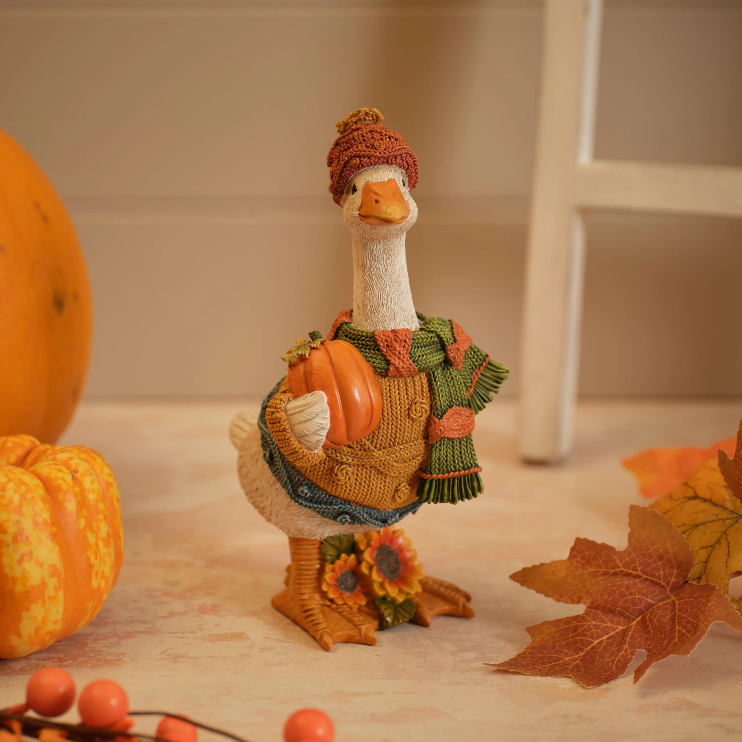 Autumn dressed duck with pumpkin resin ornament