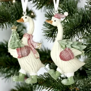 Set of 2 Christmas hanging duck ornaments with festive tree and boots
