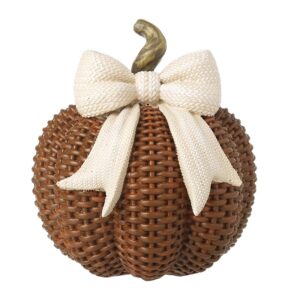 Rattan style decorative pumpkin with bow for autumn home decor