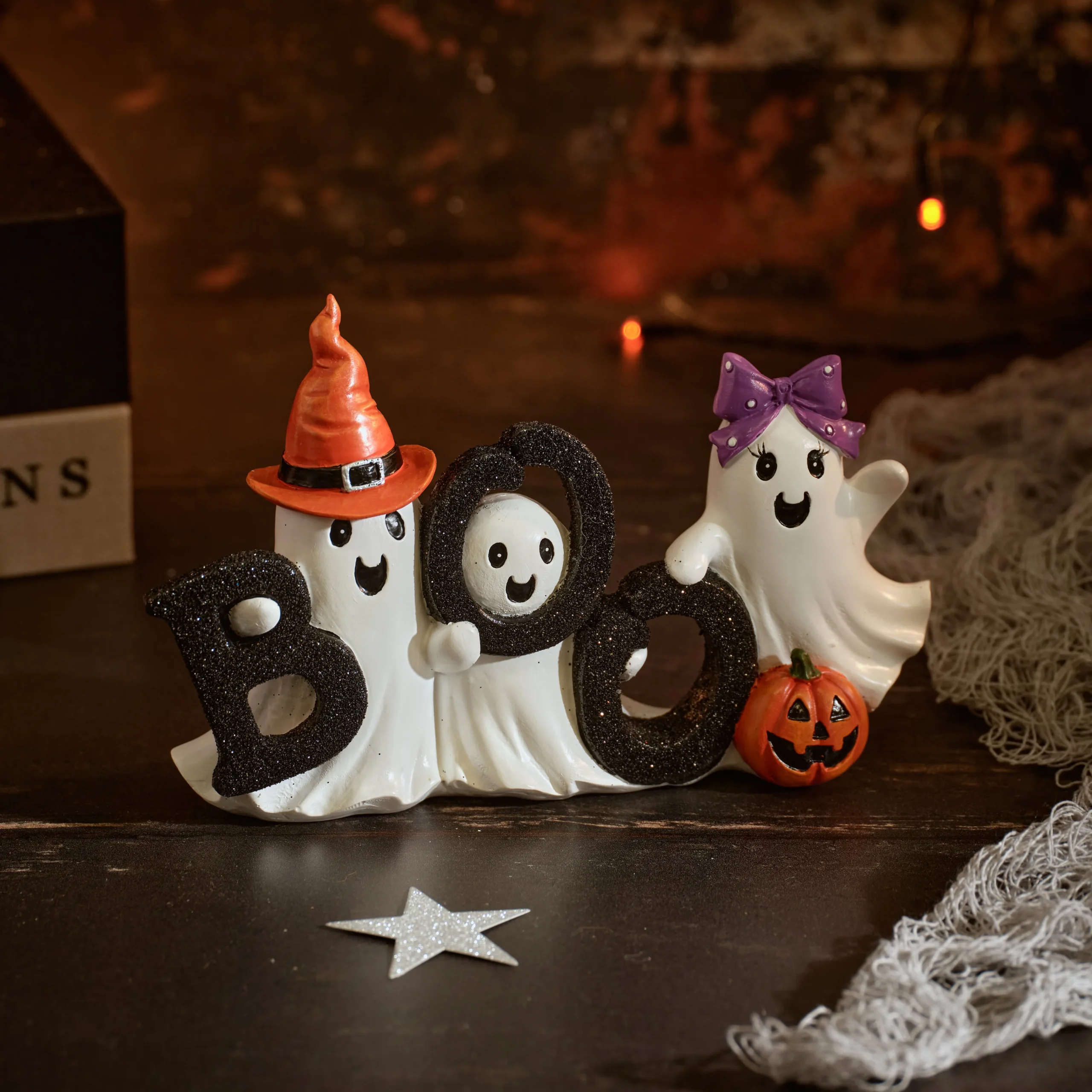 Halloween resin triple ghost BOO ornament with orange hat and purple bow