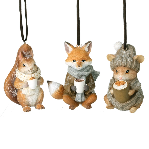 Christmas drinking animal hanging resin decoration with squirrel, mouse or fox holding festive mug