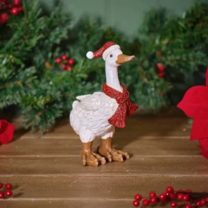 Christmas resin duck ornament with red scarf and red hat with white trim