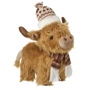 Christmas Highland cow decoration wearing knitted brown and white hat and scarf