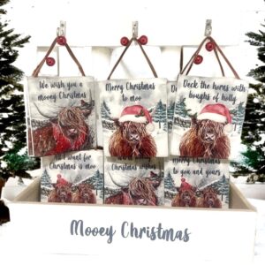 Christmas Highland cow wooden plaque with red bell – 6 designs