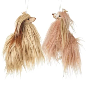 Long haired hound dog hanging Christmas decoration with crown in pink or brown