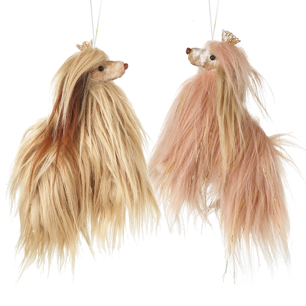 Long haired hound dog hanging Christmas decoration with crown in pink or brown