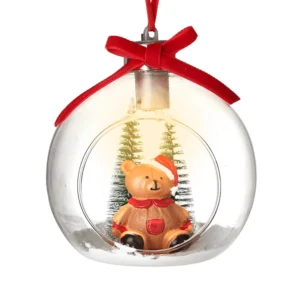 Christmas teddy bear in glass LED bauble hanging tree decoration