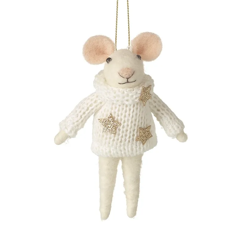 Hanging Felt Christmas Mouse in White Woolly Jumper – Cute Festive Mouse Decoration