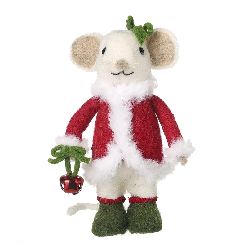 Felt Standing Mouse in Santa Coat Holding Red Bell Christmas Decoration