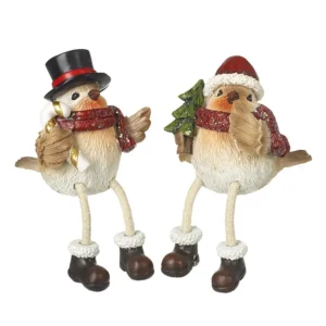 Set of 2 Christmas Festive Birds in Hats Shelf Sitters – Candy Cane and Christmas Tree