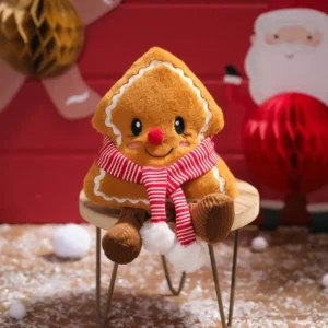 Festive Fun plush sitting gingerbread tree Christmas decoration with red and white striped scarf