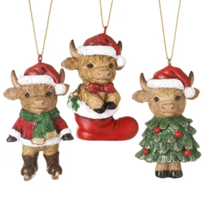 Christmas hanging Highland cow in Santa hat with choice of skates, stocking or Christmas tree outfit