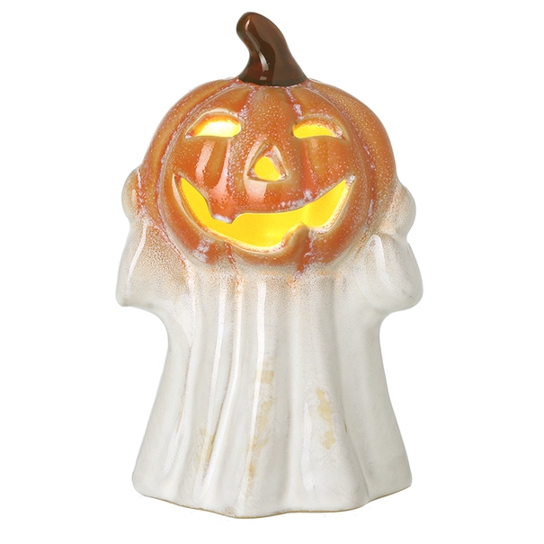 White ceramic Halloween ghost decoration with light up pumpkin on its head