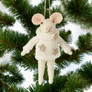 Hanging Felt Christmas Mouse in White Woolly Jumper