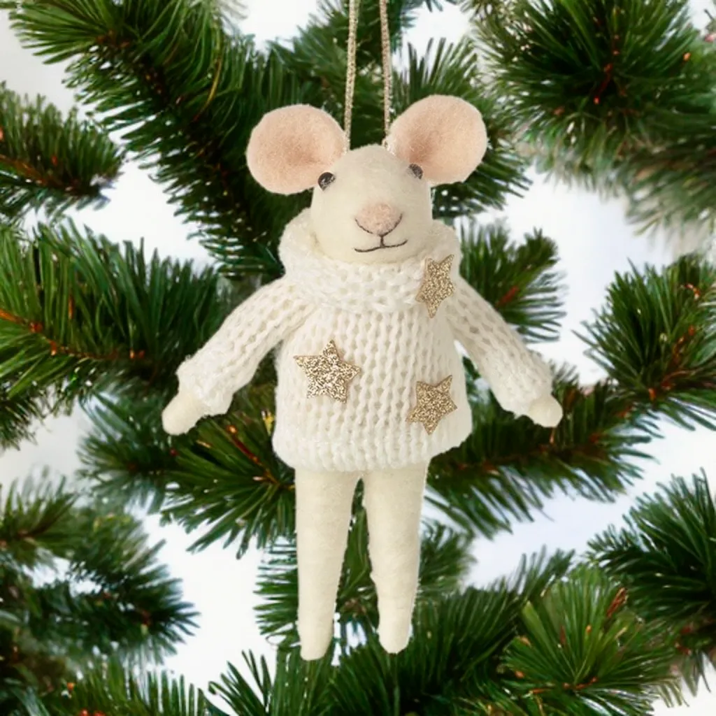 Hanging Felt Christmas Mouse in White Woolly Jumper
