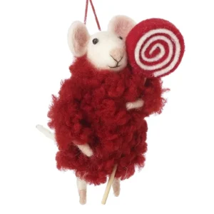 Felt Hanging Mouse Holding Lollipop Christmas Decoration in Red Woollen Outfit
