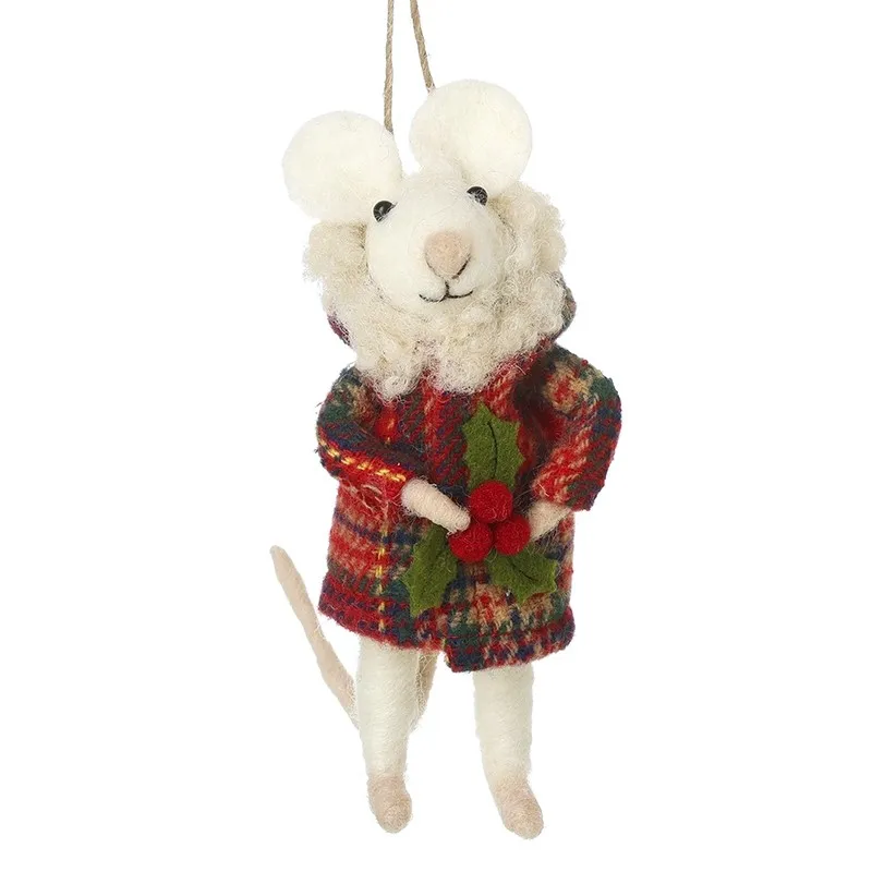 Felt Hanging Mouse with Tartan Coat Christmas Decoration – Festive Felt Mouse