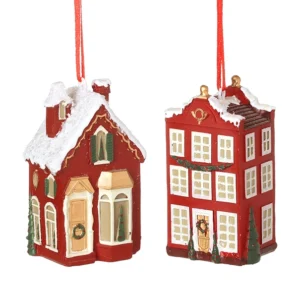 Christmas hanging red festive house decoration with snowy roof, wreaths, garlands and Christmas trees