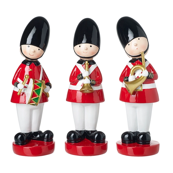 Musical standing Christmas soldier decorations with drummer, trumpet and French horn designs