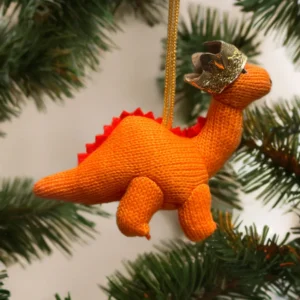 Orange Knitted Diplodocus Dinosaur Christmas Decoration – Festive Dinosaur Tree Ornament
