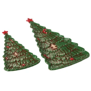 Set of 2 green ceramic Christmas tree trays with red stars and gingerbread decorations