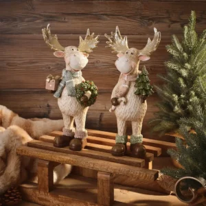 Nordic Nest standing moose resin Christmas ornaments with gold antlers and pastel scarves