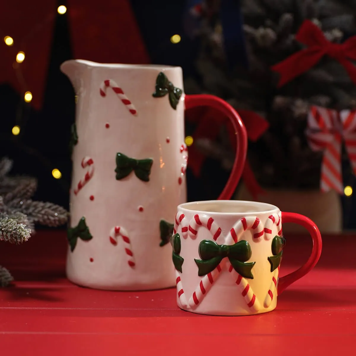 Tall Christmas Ceramic Jug with Embossed Bows & Candy Canes - Image 3