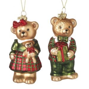 Tartan hanging glass teddy Christmas bauble in boy or girl design