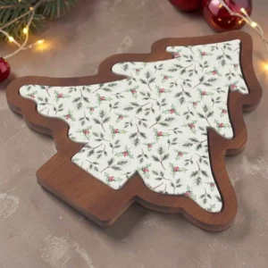 Xmas Holly Cheese Board Tree, festive Christmas tree-shaped cheese serving board with holly decoration.