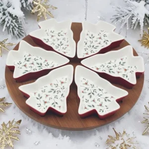 Christmas Holly Tree Dishes with Wooden Tray, festive Christmas tree-shaped serving bowls decorated with holly.