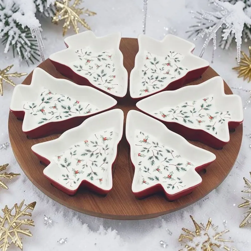Christmas Holly Tree Dishes with Wooden Tray, festive Christmas tree-shaped serving bowls decorated with holly.