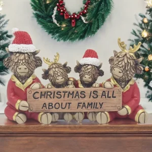 Christmas “Is All About Family” Highland cow ornament, festive seasonal decoration for the home.