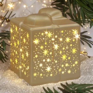 Bright Christmas LED present gold ornament, festive illuminated decoration for Christmas home décor.